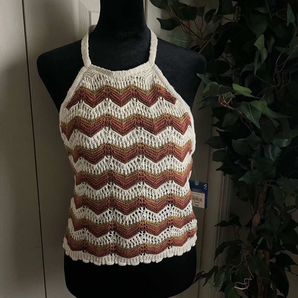 Women's Chevron Crochet Knit Halter Top - Cream with Rust/Brown Accents